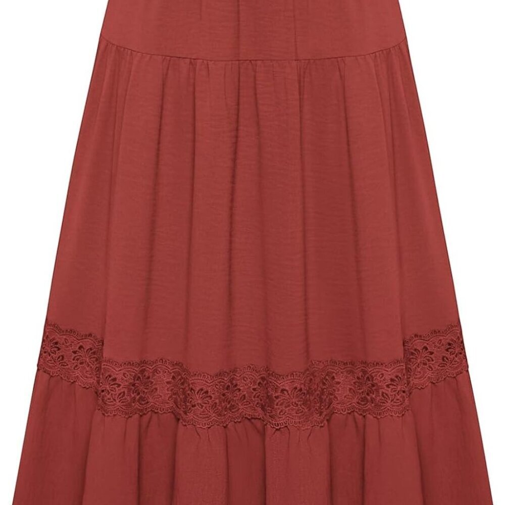 Women's Midi Skirt Boho Flowy Spring Summer Elastic Waist Aline Ruffle Lace Tier